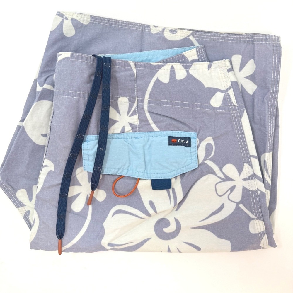 Cova Mens Size 34 Floral Board Shorts Blue White Hibiscus Print Swim Trunks